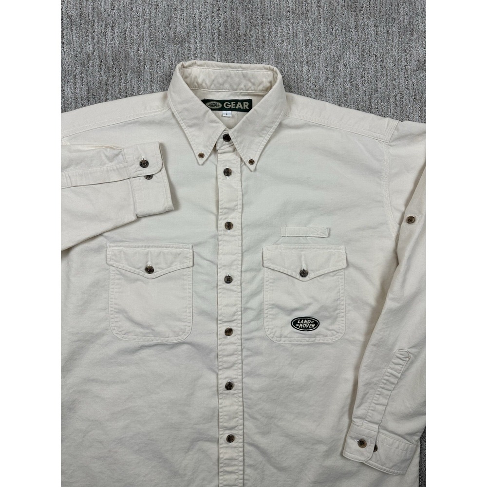 Vtg Land Rover Gear Oxford Ivory Outdoor Button Camping Shirt Large Made In USA